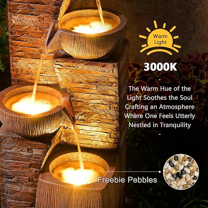38.2" Tall Solar Water Fountain Outdoor Garden,Stone Texture Modern 4 Tiers Cascading Bowls Garden Fountains Outdoor,Suit for Patio, Deck, Porch, Lawns, Backyard and Home Art Decor