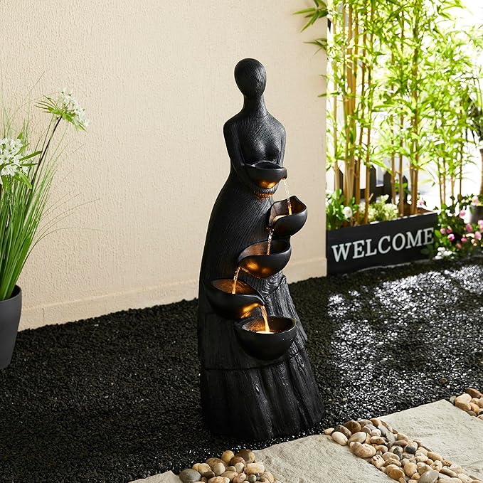 Glitzhome 39.75" H Modern Abstract Women Sculpture Outdoor Water Fountain, 5 Tier Woman Statue Waterfall Fountain with LED Lights and Pump for Porch Deck Garden Patio Backyard