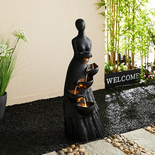 Glitzhome 39.75" H Modern Abstract Women Sculpture Outdoor Water Fountain, 5 Tier Woman Statue Waterfall Fountain with LED Lights and Pump for Porch Deck Garden Patio Backyard