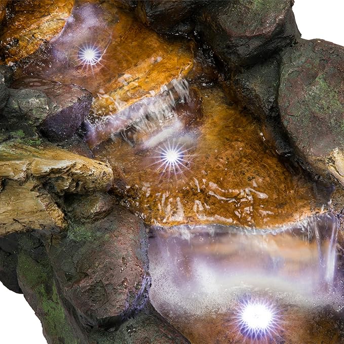 Alpine Corporation TZL296 41" Long Indoor/Outdoor River Rock and Log Fountain with LED Lights – Outdoor Water Feature for Garden, Patio, and Home Décor, Brown