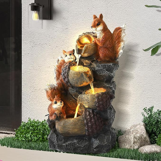 Outdoor Garden Water Fountain with Cascading Rock, 4-Tiers Fountains and Waterfalls with LED Lights,Indoor/Outdoor Morden Floor Standing Water Feature w/3 Squirrel Decor for Patio, Backyard