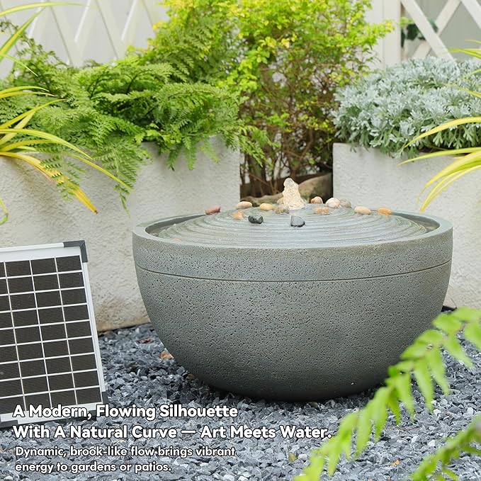 Solar Water Fountain Outdoor Garden Bubbler Water Feature Outdoor Fountains Solar Powered with Pebbles for Patio Deck Yard Home Decor Gray, 20 "L X 20" W X 11.5" H