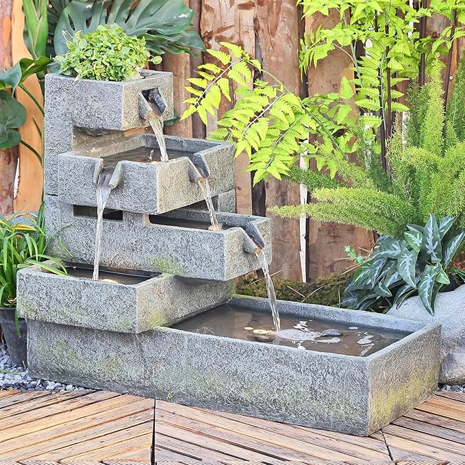 Tiered Water Fountain Outdoor Garden - Waterfall Indoor Freestanding Cascade Fountain Concrete Artistry Modern Style with LED Lights for Patio Yard Pool Home Decor,32.5 inches Long