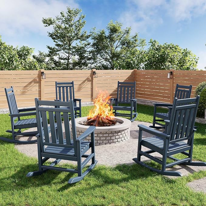 Garvee HDPE Rocking Chair Outdoor Set of 6 - Poly High Back Porch Rocker Chairs for Adults - All Weather Resistant Furniture for Patio Front Porch - Navy Blue by Garvee