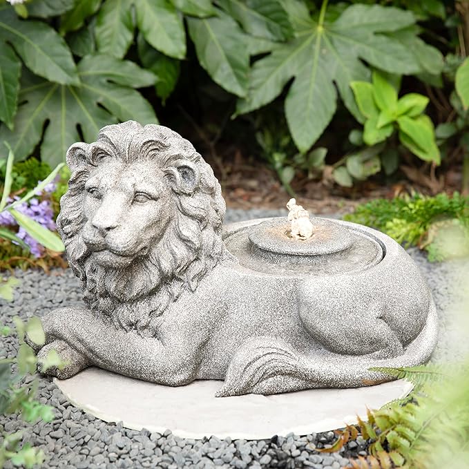 Glitzhome Outdoor Fountain with Lights & Pump, 20" L Zen-Style Lying Lion Polyresin Water Fountain Outdoor, Floor Standing Water Feature for Garden Yard Patio Porch Decor