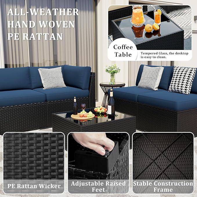 Patio Furniture Set, 7 Pieces Outdoor Sectional Sofa Set with Waterproof Cover, Black PE Wicker Rattan Slanted Back Outdoor Conversation Set with Cushions and Glass Coffee Table, Navy Blue