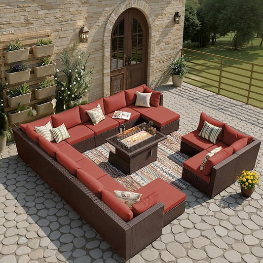 BULEXYARD 15 Piece Highback Wicker Patio Furniture Sets with Firepit, All-Weather Heavy Duty Outdoor Conversation Set Modular, Extra Deep Wide 14-Seats Sectional Couch Sofa for Backyard, Brown & Red