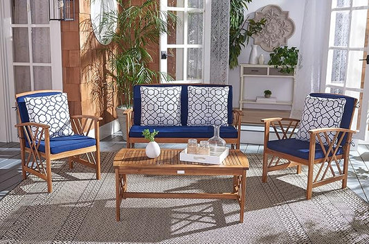 SAFAVIEH Outdoor Collection Fontana Natural/ Navy Blue Cushions/ Geometric Pattern Pillows 4-Piece Conversation Patio Set