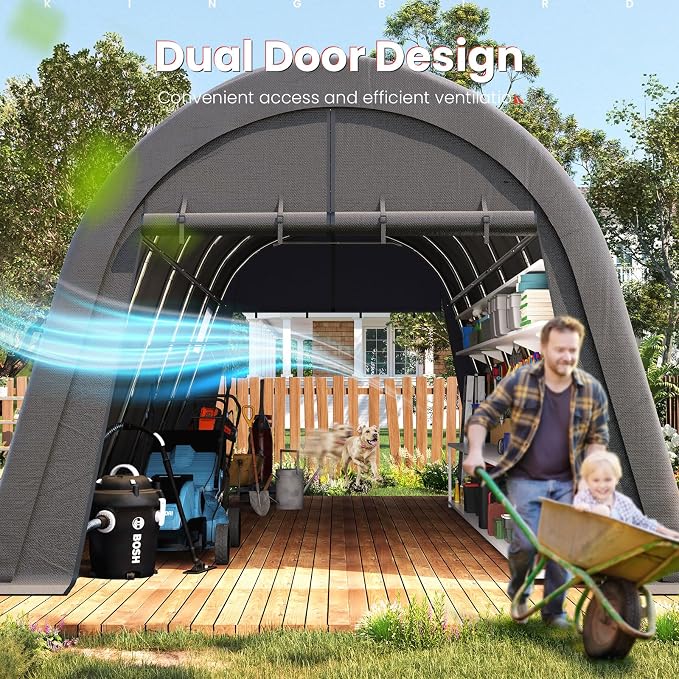 KING BIRD 12' x 20' Oval Pipe Heavy Duty Carport with Roll-up Ventilated Windows for SUV, Full-Size Truck and Boat, Round Style Anti-Snow Car Canopy Outdoor Boat Shelter with Reinforced Ground Bars - Image 7