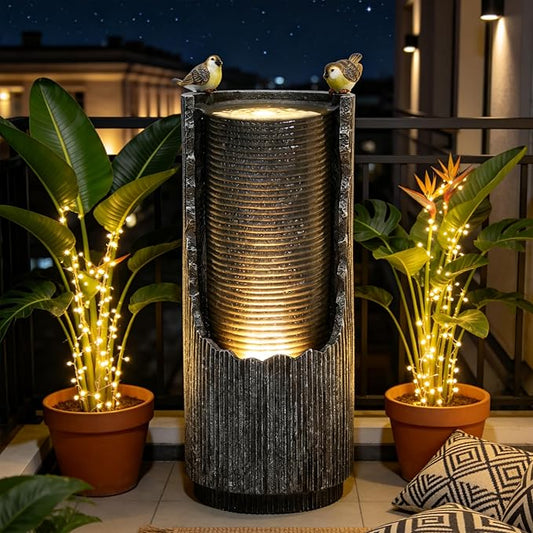 32" Rustic Cracked Jar Water Fountain Outdoor with LED Lights, Polyresin Freestanding Waterfall Feature, Tranquil Oasis for Garden, Patio, Yard, or Porch