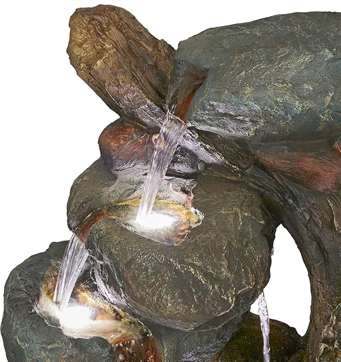 Alpine Corporation WIN1546 Outdoor Floor Rock/Tree Trunk Fountain w/LED Lights, Cascading Garden Water Fountain, 39" H, Gray