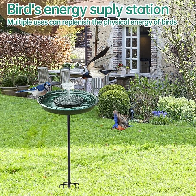 Solar Powered Bird Bath with Fountains for Hummingbirds,Stable Stylish Design with 5-Prong Base Stake Plastic Bird Bath for Outside Lawn Patio Yard Garden