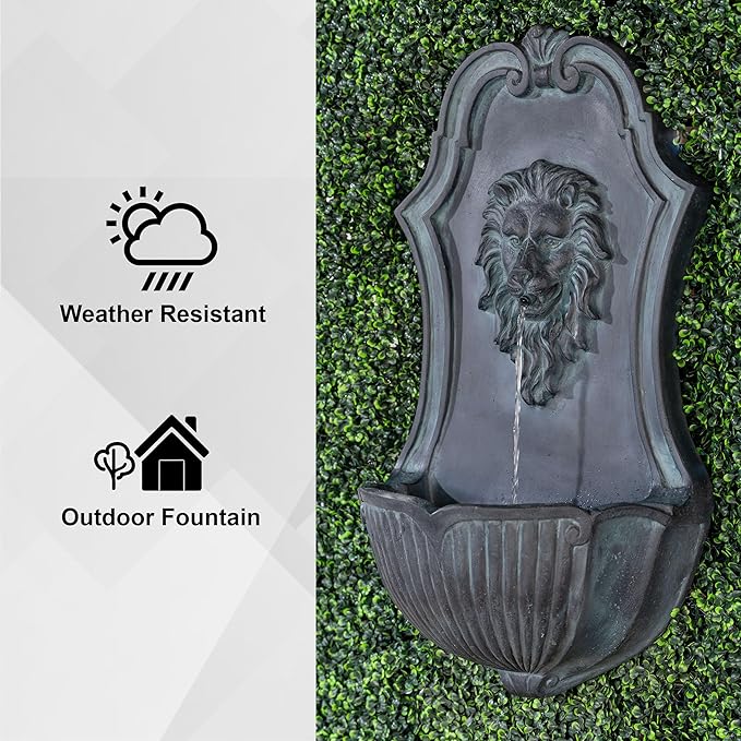 XBrand 26" Solar-Powered Wall-Mounted Lion Head Fountain, Resin, Outdoor, Gray