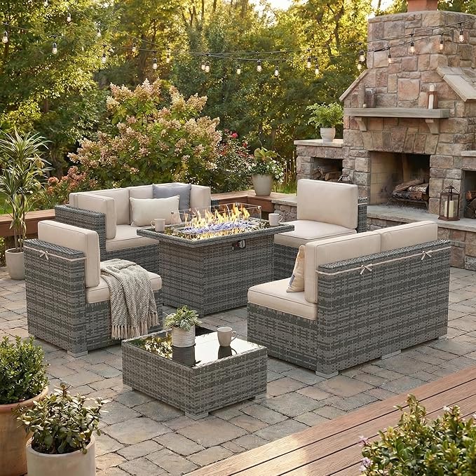 8 Pieces Patio Furniture Set with 44" Propane Gas Fire Pit Table, Outdoor Sectional Wicker Conversation Sofa Sets with Coffee Table