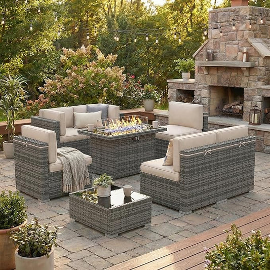 8 Pieces Patio Furniture Set with 44" Propane Gas Fire Pit Table, Outdoor Sectional Wicker Conversation Sofa Sets with Coffee Table