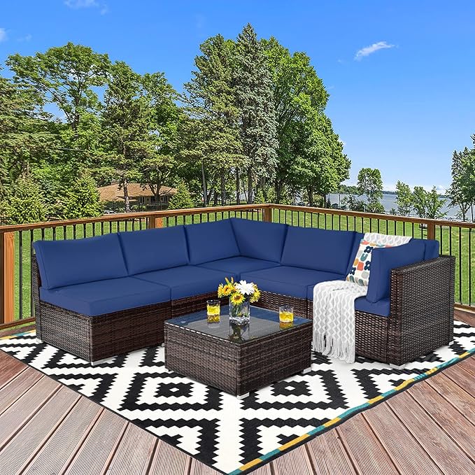 Tangkula 6 Pieces Patio Furniture Set, Outdoor Wicker Conversation Set with Glass Coffee Table, Wicker Sofa Set with Back & Seat Cushions, Rattan Sectional Conversation Set for Backyard Garden