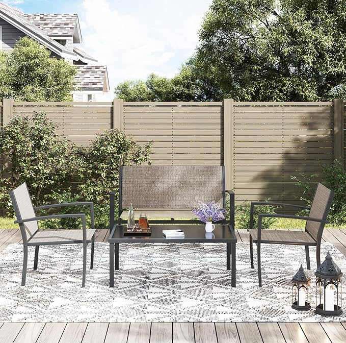 Greesum 4 Pieces Patio Furniture Set, Outdoor Conversation Sets for Patio, Lawn, Garden, Poolside with A Glass Coffee Table, Brown