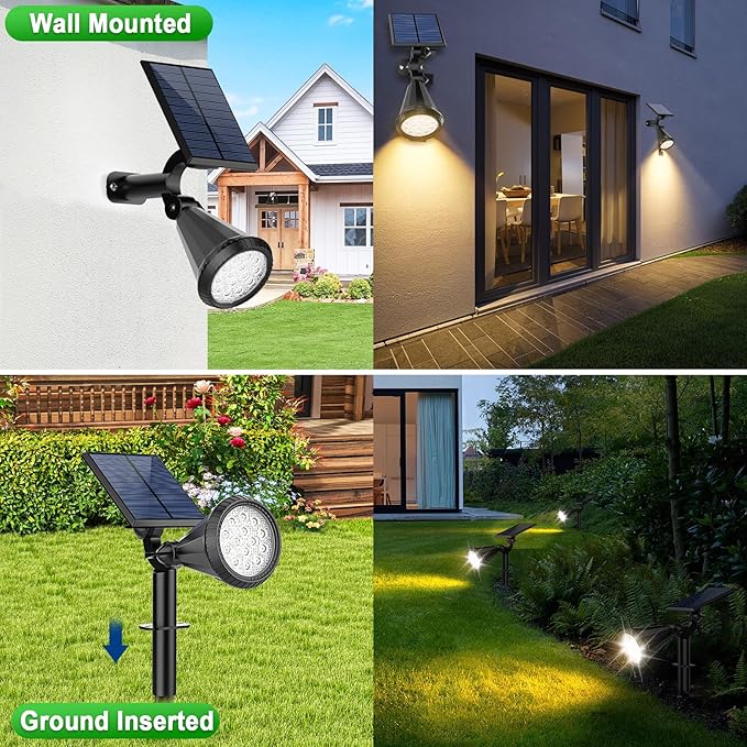 Solar Spot Lights Outdoor Waterproof 180° Adjustable Solar Powered Landscape Lights for Yard 4 Lighting Modes Solar Spotlights for Pathway Garden Outside Wall Pool Porch (2 Pack, Warm White)