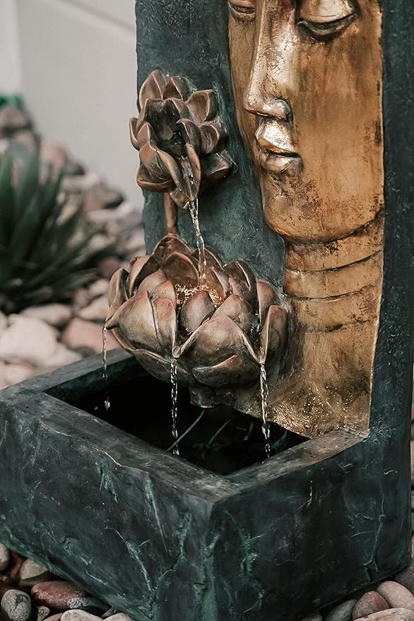 XBrand 30" H Zen Buddha Face Water Fountain w/LED Light & Pump, Indoor/Outdoor Freestanding, Relaxing Zen Décor, Bronze and Natural Grey Polyresin Fountain for Home Patio Garden Backyard