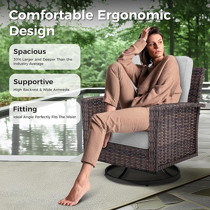 Swivel Patio Wicker Chairs Set of 2, High Back Outdoor Swivel Patio Rattan Chairs with 5.5" Thick Cushions for Bistro Balcony Porch Deck and Yard, Light Grey