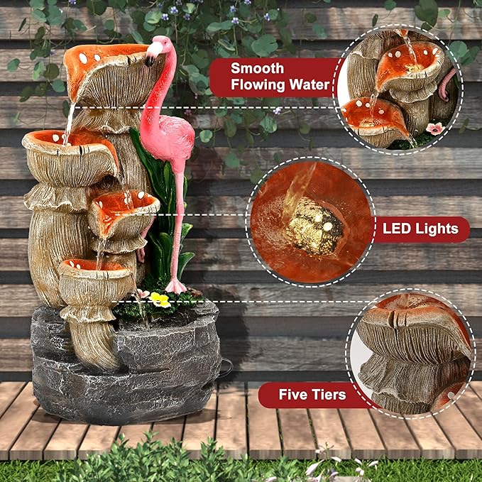 5 Tier Outdoor Garden Water Fountain, 25" H Waterfall Fountain with 5 LED Lights and Pump, Floor Standing Cascading Resin Fountains for Indoor and Patio Garden, Modern Flamingo Fountains, Pink