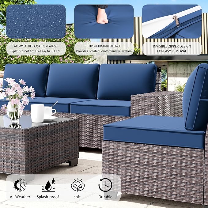 7 PCS Outdoor Patio Furniture Set,Outdoor Sectional Furniture with 43" 55000 BTU Gas Propane Fire Pit Table,All Weather PE Rattan Wicker Patio Conversation Set,Navy Blue