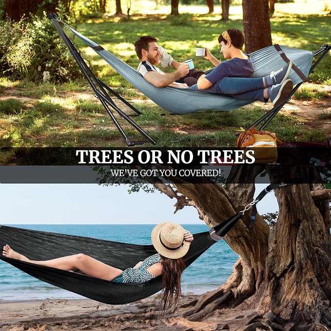 Tranquillo Combo x2 Hammocks with Stand for Outside & Tree Straps, Heavy Duty Hammock with Stand 600lbs for Indoor Outdoor Patio Backyard, x2 Hammocks for 2 Person (Combo - Grey, Medium) - Image 9