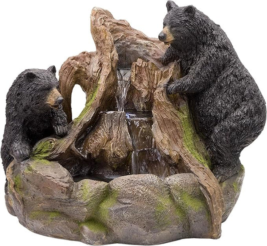 Alpine Corporation GXT252 24" Outdoor Floor Bears Climbing Fountain with LED Lights, Playful Bears Garden Water Feature, Cascading Waterfall for Backyard & Patio Décor, Brown/Black
