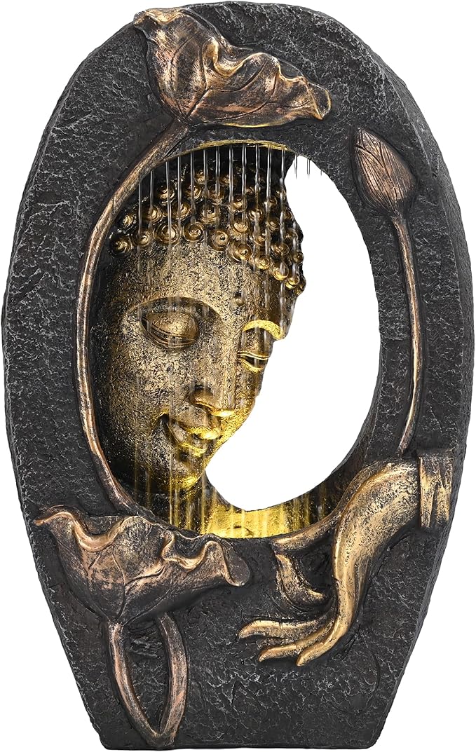 TERESA'S COLLECTIONS Water Fountain Outdoor with LED Light and Pump for Garden Decor,Floor Buddha Statue Resin with Waterfalls,Tall Zen Garden Statues for Yard Decor Housewarming Gifts for Mom 12.6"