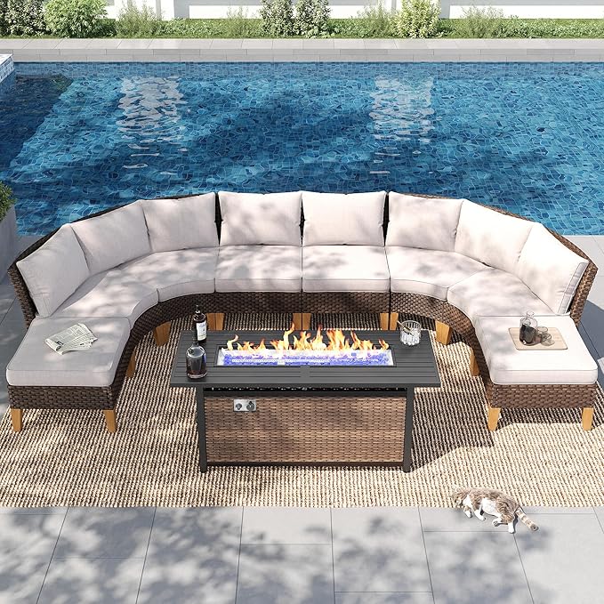 PHI VILLA 7-Piece Half Moon Patio Furniture Set with 56" Fire Pit Table, Outdoor Wicker Sectional Sofa with Cushions, Large Curved Conversation Seating for Garden or Backyard, Beige
