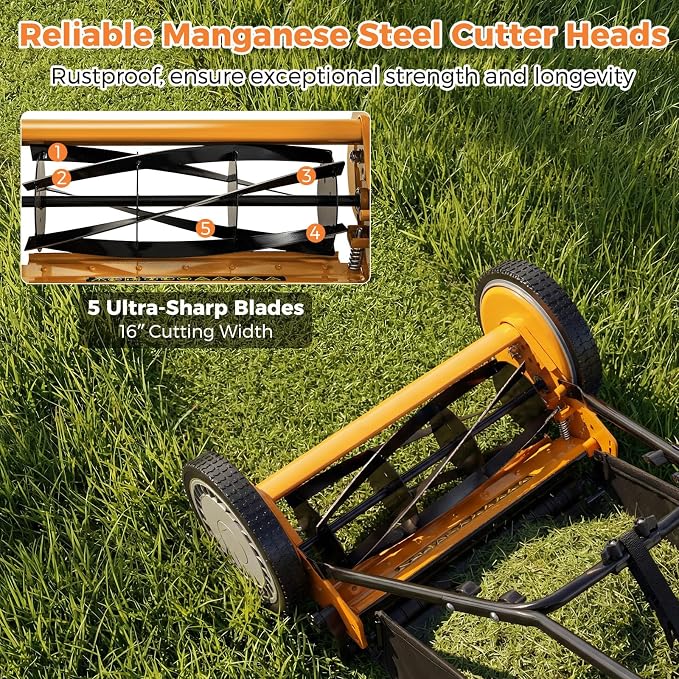 16" Manual Rear Mower, Push Lawn Mower with 5 Steel Blades, Adjustable Cutting Heights & Grass Catcher Bag, Walk-Behind Grass Cutter Lawn Sweeper for Garden, Park & Yard (Orange) - Image 3