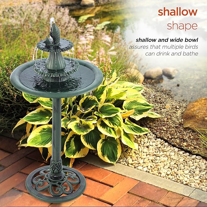 Alpine Corporation 40" Tall Outdoor 3 Tier Pedestal Water Fountain with Vintage Birdbath Accent, Garden Decor, Green