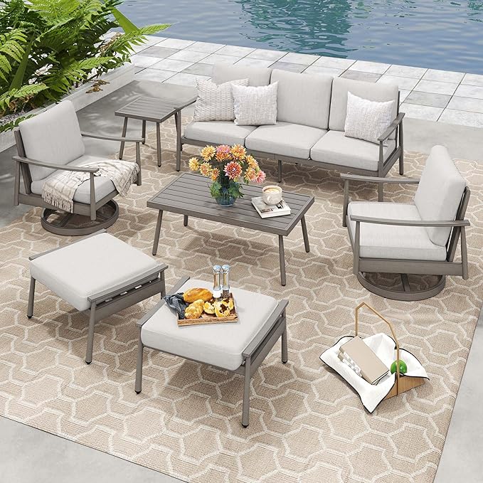 HAPPATIO Patio Outdoor Furniture Set - 7 Pieces Aluminum Outdoor Conversation Set Includes 1 Three-Seater Sofa, 1 Side Table, 1 Coffee Table, 2 Swivel Chairs and 2 Ottomans for Porch, Lawn (Grey)