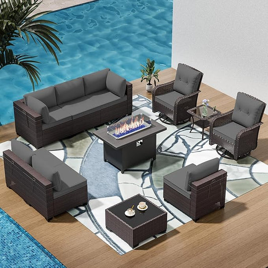 11 Pieces Outdoor Patio Furniture Set,Outdoor Sectional Furniture with 45" 55000 BTU Gas Propane Fire Pit Table,PE Rattan Wicker Patio Conversation Set,Swivel Rocking Chairs Set,Grey
