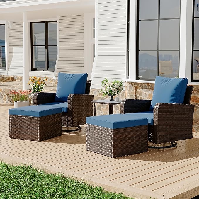 HOMREST 5 Piece Outdoor Patio Furniture Set-360 Wicker Swivel Chairs Set of 2 w/ 2 Ottoman, Coffee Table & Cushions Patio Bistro Set for Garden, Balcony (Navy)