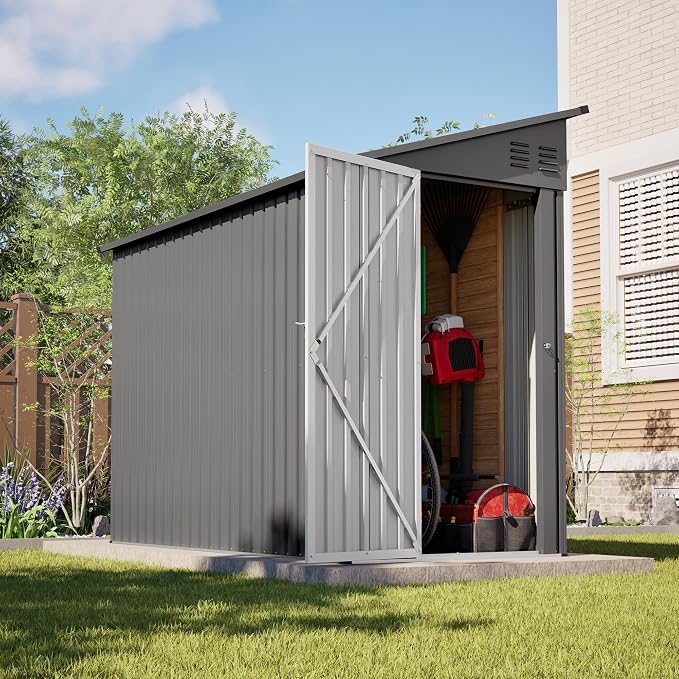 YOPTO 4×8 FT Lean to Metal Shed,Outdoor Heavy-Duty Storage Shed with Floor Base,All Weather Waterproof Garden Tool House W/Lockable Door&2 Air Vents,Reversible Door Design,for Backyard,Patio,Lawn,Gray - Image 6