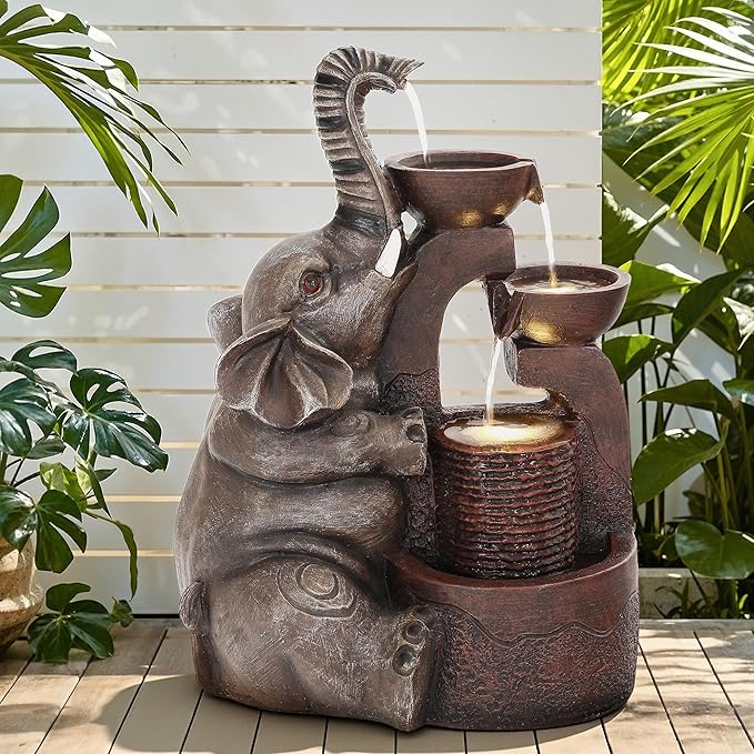 20" Outdoor Fountain, 3-Tier Playful Elephant Sculpture Water Feature with LED Lights, Resin Soothing Cascading Waterfall for Patio, Backyard, Garden or Porch