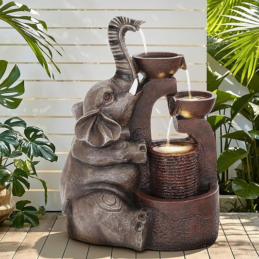 20" Outdoor Fountain, 3-Tier Playful Elephant Sculpture Water Feature with LED Lights, Resin Soothing Cascading Waterfall for Patio, Backyard, Garden or Porch