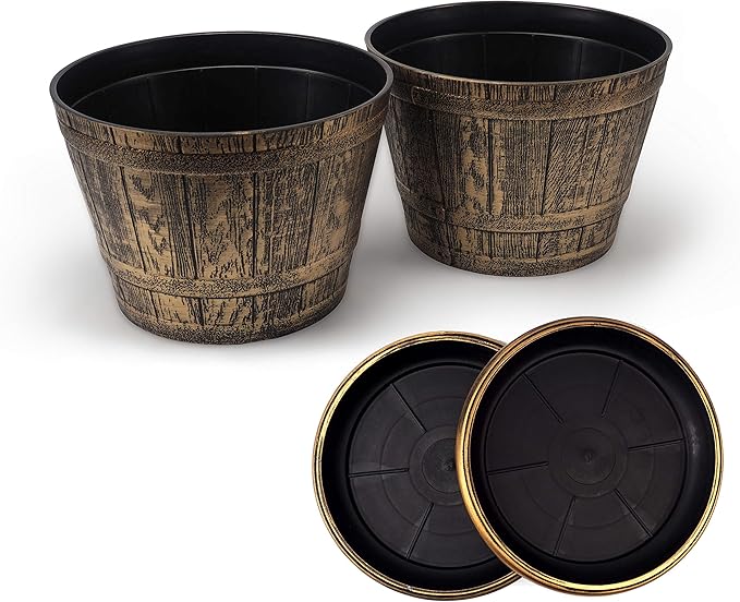 Set of 2 Plastic Whiskey Barrels Rustic Look (2 planters + 2 Matching Saucers) French Country Style Flowerpot Indoor Outdoor Garden Patio Office Home Decor Use Reusable Light Weight (Gold)