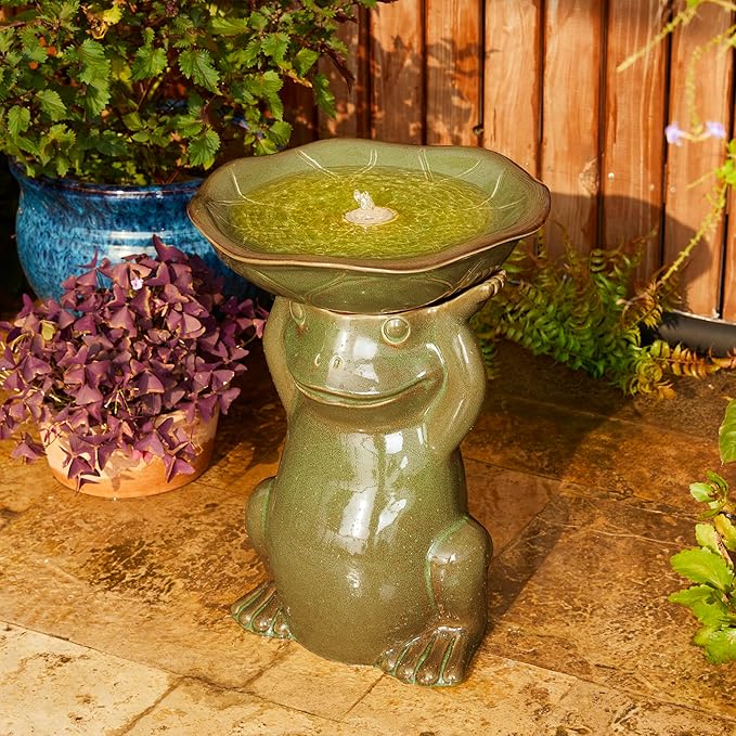Glitzhome 21.5" H Olive Green Frog Hold a Lotus Birdbath Ceramic Outdoor Water Fountain with LED Lights and Pump, Lively Frog Statue Birdbath Fountain for Porch Deck Garden Patio Backyard