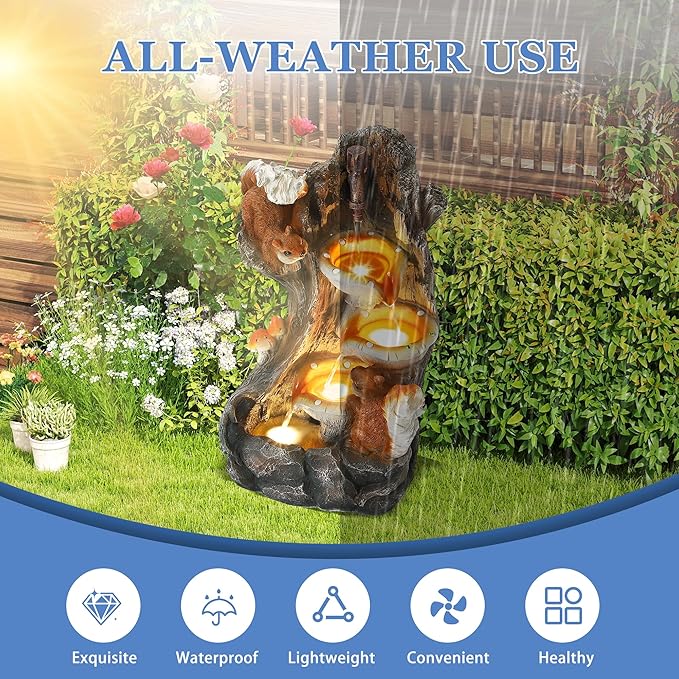 Outdoor Garden Water Fountain with Cascading Rock, 4-Tiers Fountains and Waterfalls with LED Lights,Indoor/Outdoor Morden Floor Standing Water Feature w/2 Squirrel Decor for Patio, Backyard