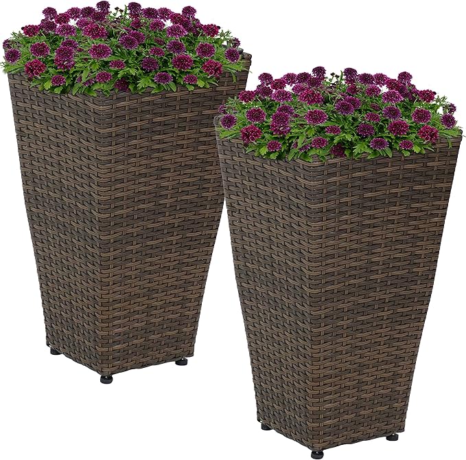 Sunnydaze Set of 2 Square Tall Wicker Planters - Polyrattan Rectangular Large Plastic planters for Outdoor Plants - 20-Inches Tall - Brown