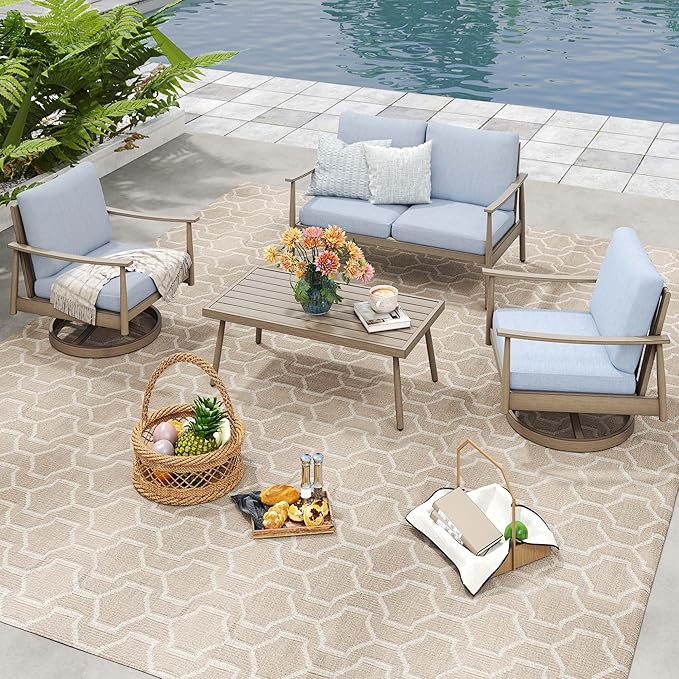 HAPPATIO Patio Outdoor Furniture Set - 4 Piece Aluminum Patio Conversation Set with 1 Coffee Table, 2 Swivel Chairs and 1 Loveseat, Aluminum Outdoor Furniture Set for Backyard Deck Poolside (Brown)