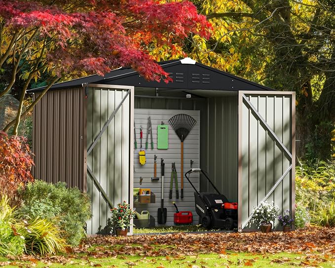 Greesum 8x6FT Outdoor Storage Shed, Utility Tool Shed with Sloping Roof, Metal Storaged Garden Shed with Door & Lock for Patio Storage, Brown - Image 3