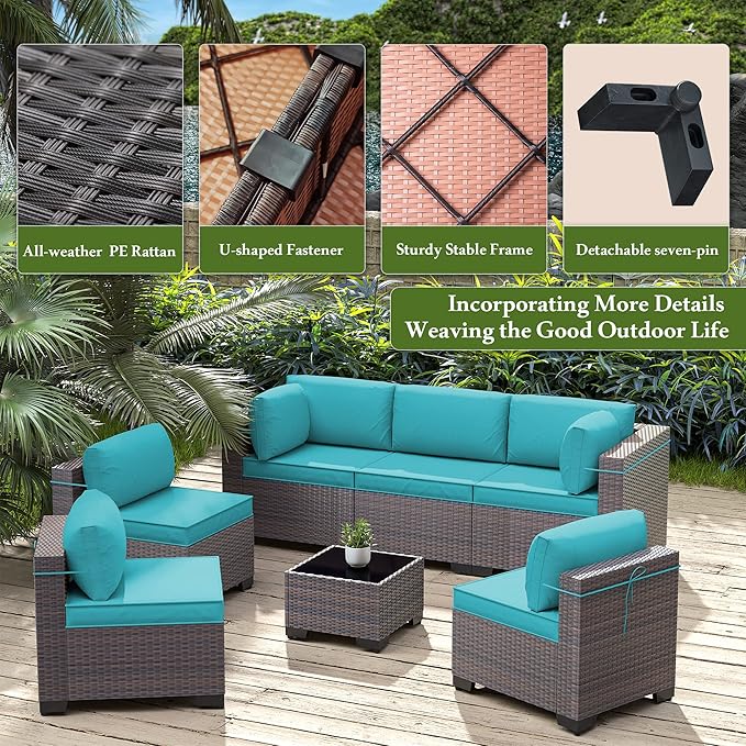 9 Pieces Outdoor Patio Furniture Set,Outdoor Sectional Furniture All Weather PE Rattan Wicker Patio Conversation Set with Coffee Table and 8 Thickened Cushions,Turquoise Blue