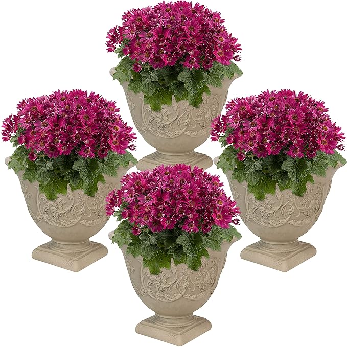 Sunnydaze 16-Inch Darcy Round Plant Pot - Polyresin Large Outdoor Urn Planter with Drillable Drainage Hole - 4 Pack - Beige
