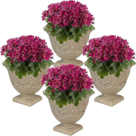 Sunnydaze 16-Inch Darcy Round Plant Pot - Polyresin Large Outdoor Urn Planter with Drillable Drainage Hole - 4 Pack - Beige