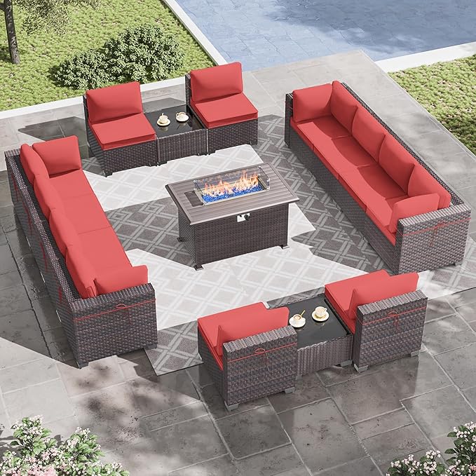 15 Pieces Outdoor Patio Furniture Set,Outdoor Sectional Furniture with 43" 55000 BTU Gas Propane Fire Pit Table,All Weather PE Rattan Wicker Patio Conversation Set,Red
