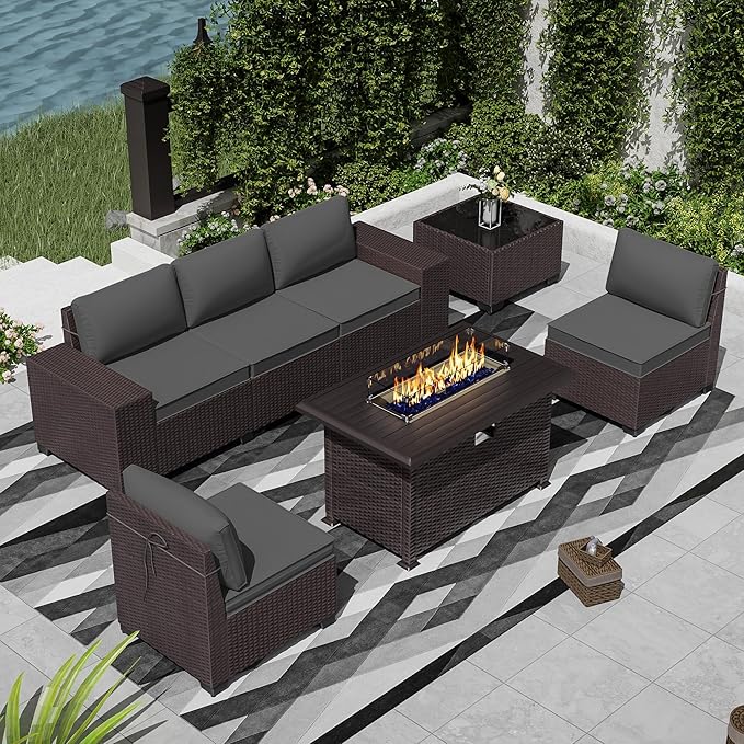 7 PCS Outdoor Patio Furniture Set,Outdoor Sectional Furniture with 43" 55000 BTU Gas Propane Fire Pit Table,All Weather PE Rattan Wicker Patio Conversation Set,Grey
