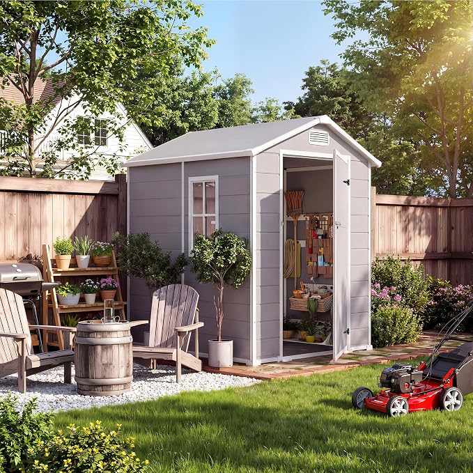 Resin Outdoor Storage Sheds 4x6 ft, Upgraded Double-Wall Outdoor Plastic Shed with Window & Double Doors, Waterproof Lockable Garden Shed (Light Gray, 4 X 6 ft) - Image 2